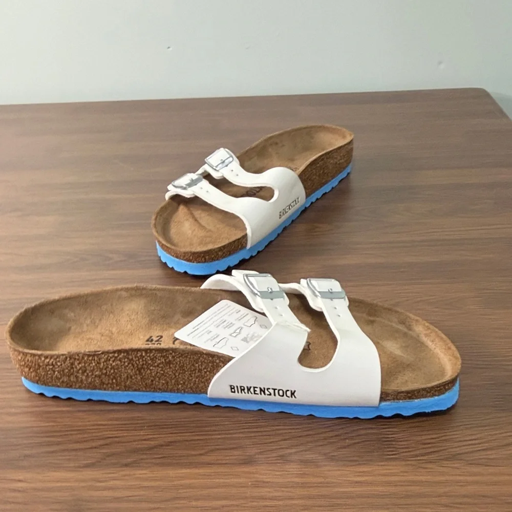 Birkenstock Women’s White‎ Sandals with Blue Outsole